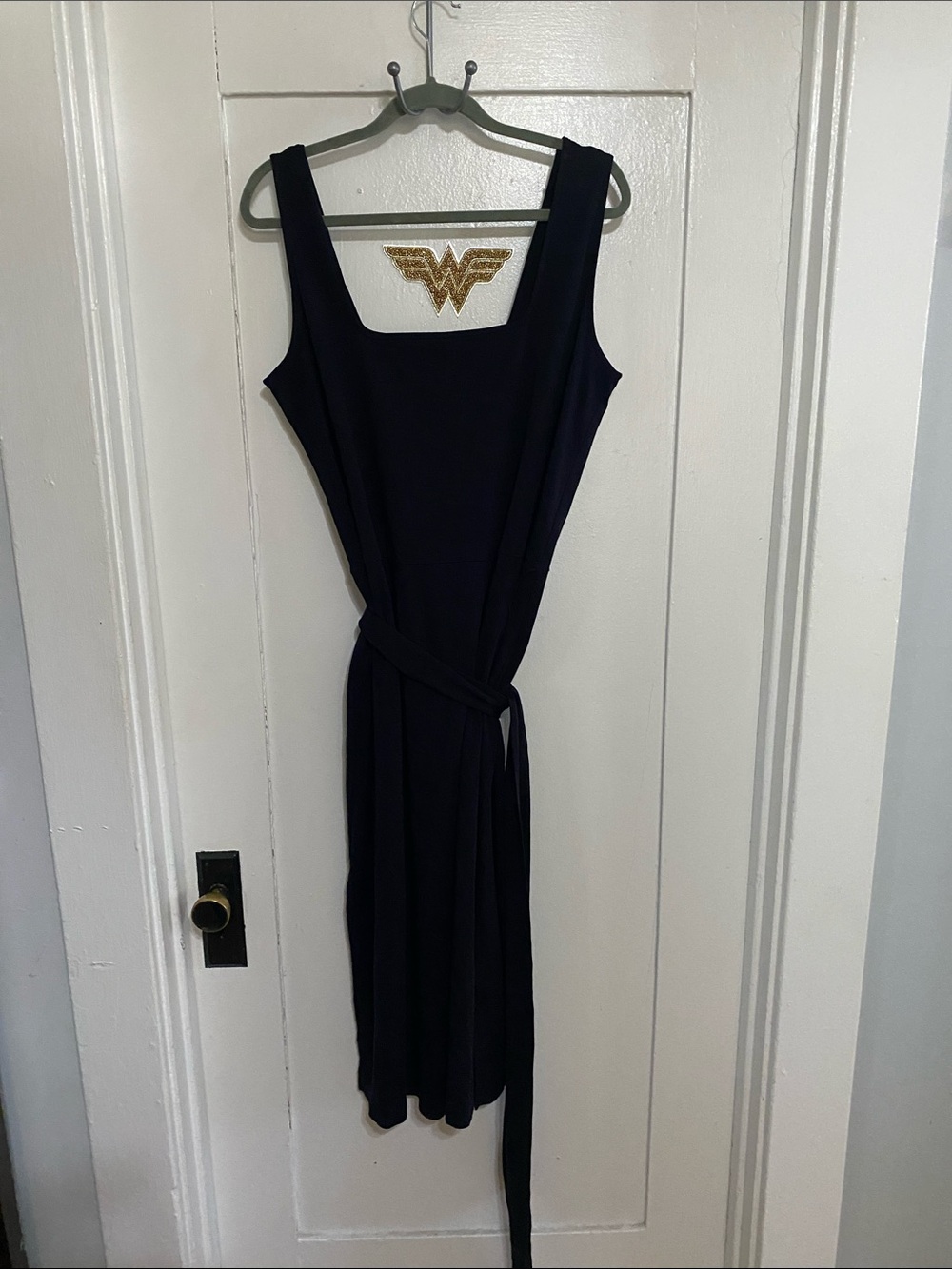 Vince Black Square-Neck Midi Dress with Tie Waist